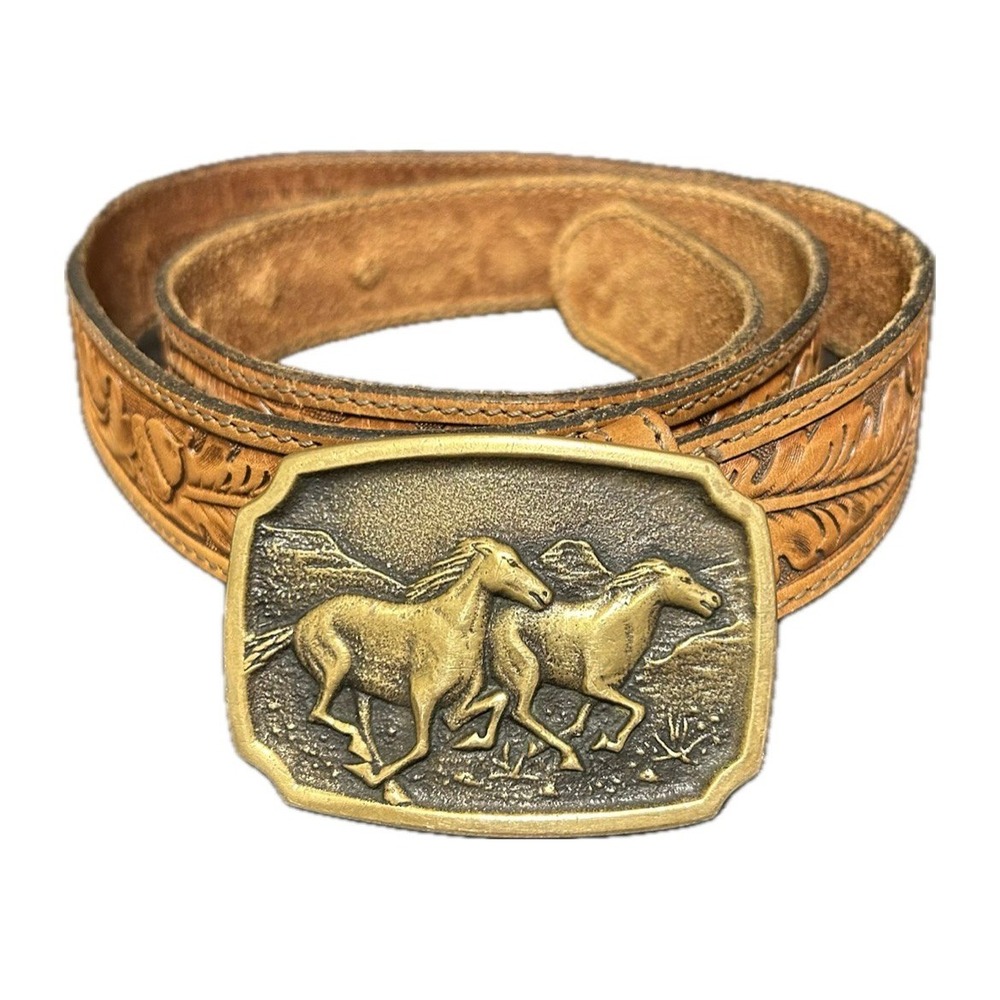 VTG 1978 BTS Brass Buckle/Chambers Tooled Leather Belt. Leaf/Acorn. Size 42